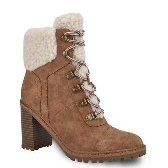 NEW NINE WEST Boots Chunky Heel Size 9.5 Ankle Combat Sherpa Faux‎ Vegan Leather - Picture 9 of 9